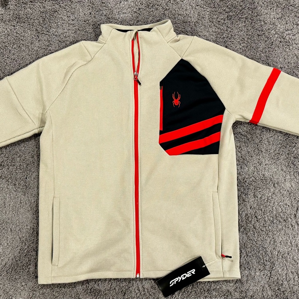 Spyder Cream and Black Puffer Jacket with Red Accents